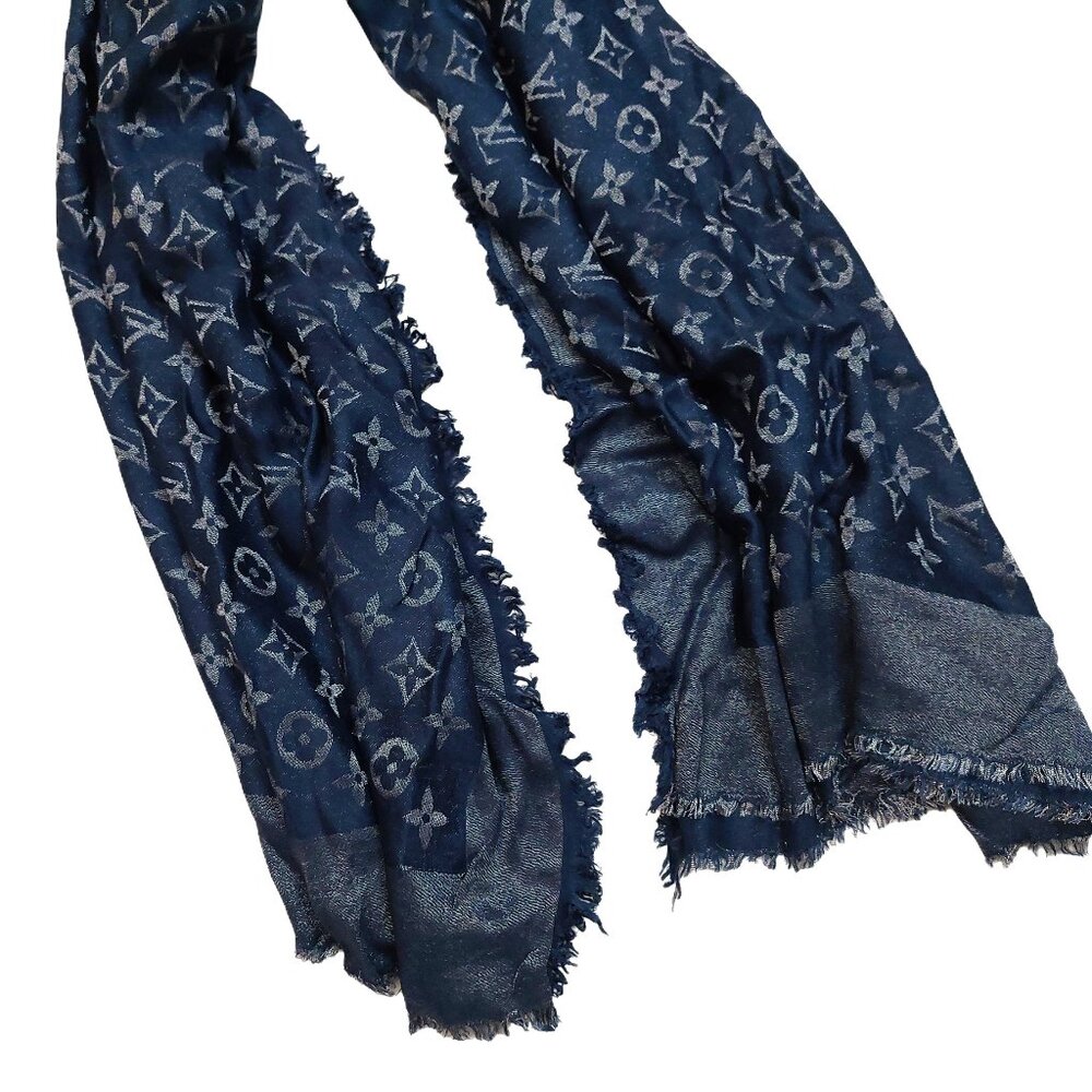 LOUIS VUITTON Vintage Iridescent Midnight Blue Silver Silk Wool Scarf Shawl Wrap - Picture 5 of 10